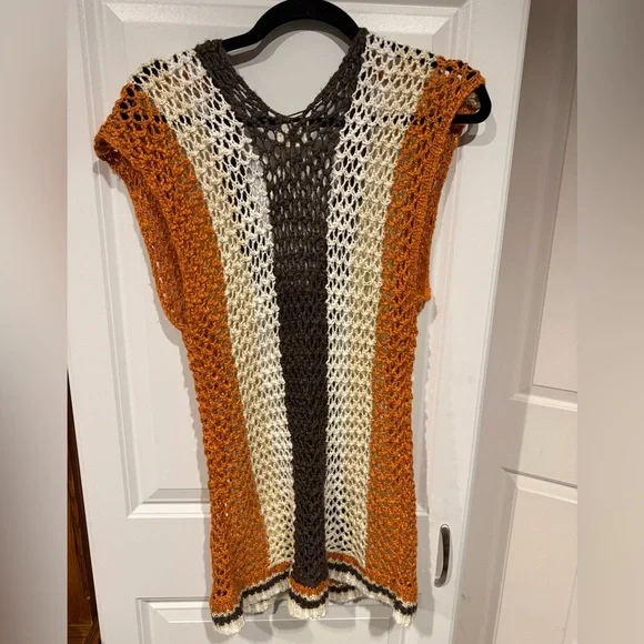 BiBi Women's V-Neck Sweater in Orange, Brown, and Cream - Picture 5 of 6